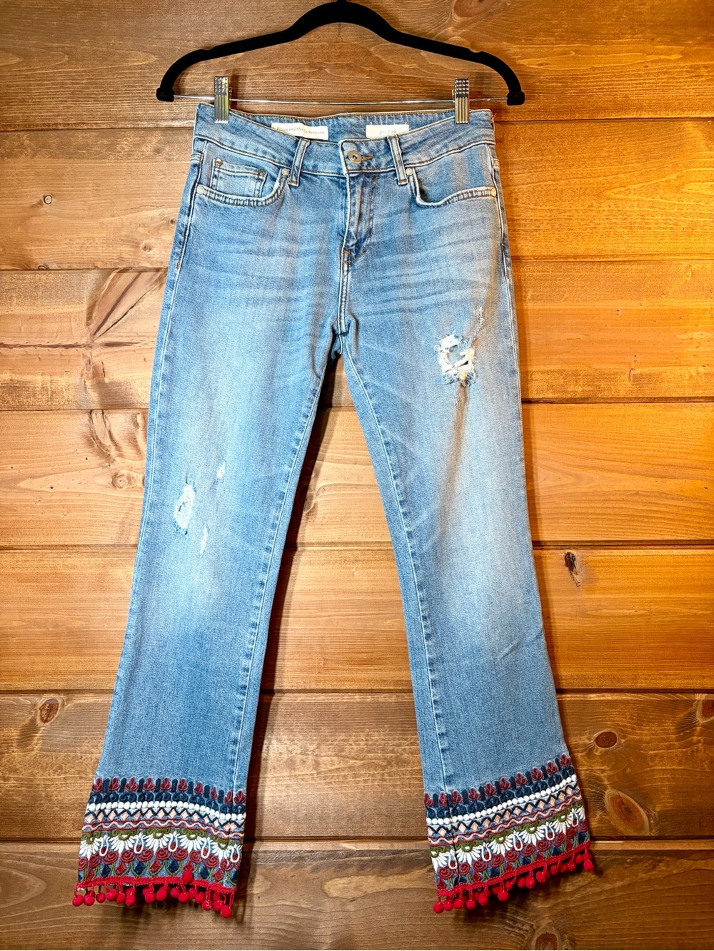 Pilcro Anthro light Blue Embroidered Pom-Pom Hem Distressed Crop Jeans Size 26